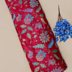 Tissu en organza naturel de poids moyen, brodé de sequins et de motifs floraux rouge cramoisi, pour robes de mariée/de cérémonie de luxe - Product Image 2