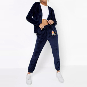 Women <b>Navy</b> Velvet 2 1 Eco-Friendly Tracksuit Set Hooded Full Length Pants Drawstring Side Pockets Floral Embroidery Casual Wear - Product Image 1