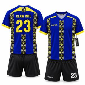 Maillot de football pour hommes, bleu et jaune, impression par sublimation, col en V, manches longues, polyester respirant, pour adolescents et adultes - Product Image 6