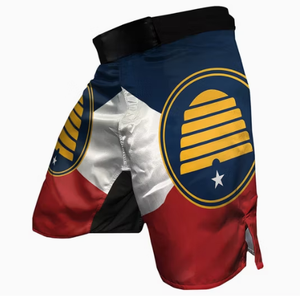 Shorts MMA personnalisés pour hommes, séchage rapide, arts martiaux mixtes, design sublimation bleu-gris, logo avant - Product Image 3