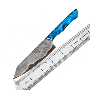 Couteau de cuisine artisanal en cuivre avec manche en bois et résine bleue |   Couteau de chef personnalisé avec étui en cuir - Product Image 2