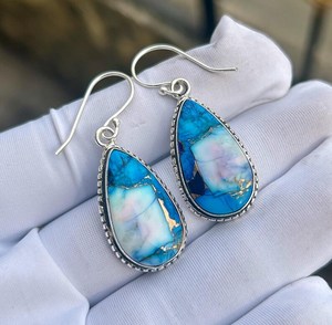 Boucles d'oreilles pendantes en cuivre et turquoise, argent sterling 925, minimalistes, pierres précieuses naturelles, bijoux faits à la main, cadeau - Product Image 4