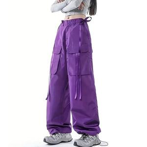 Pantalon cargo décontracté pour femme, coupe ample, jambe large, taille haute, fermeture à cordon, plusieurs poches, tissu durable en polyester/coton - Product Image 5