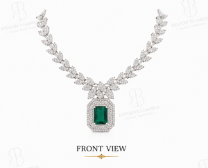 Elegant <b>necklace</b> in 18K white gold with emerald cut green gemstone floral leaf design surrounded by brilliant lab grown diamonds - Product Image 3