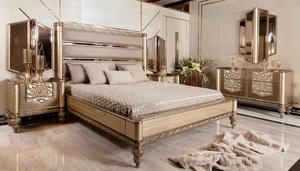 Luxury Art Deco Solid Teak Wood Bedroom Set Scalloped King Size Bed Mirrored Wardrobe 2 Nightstands Dressing <b>Table</b> Furniture - Product Image 5
