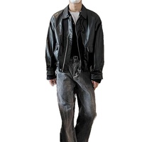 MANWA Veste en jean unisexe en cuir PU, col montant, fermeture éclair, couleur unie, style motard, coupe ample, coupe-vent pour l'hiver
