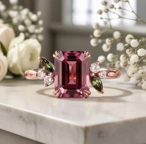 Bague de Fiançailles et de Promesse Unique en Argent Sterling Plaqué Or 14K avec Moissanite Rose Taille Émeraude et Sertissage à Griffes - Product Image 5