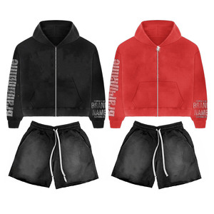 Premium 420 GSM cotton fleece acid wash grey flame panel hoodie and <b>short</b> set chenille <b>patch</b> embroidery custom logo Hoodie <b>Short</b> - Product Image 4