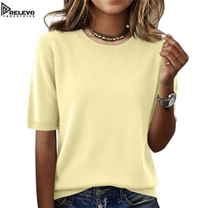 OEM Wholesale Fine Knit <b>T</b>-<b>Shirt</b> Custom Logo, Plain <b>Cream</b> Yellow Crew Neck Women Top Summer Casual Clothing, Any Colour - Product Image 2