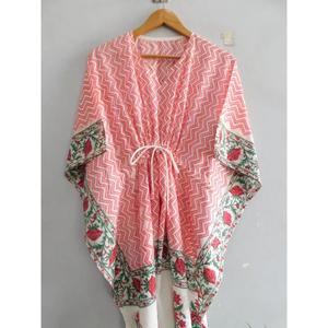 Handmade 100% Cotton Block Print Maxi Kaftan Dress Boho <b>Beach</b> Cover Batwing Sleeve V-neck Loose <b>Tunic</b> Eco-Friendly Breathable - Product Image 4