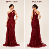 Robe de soirée longue sirène rouge moderne de luxe à une épaule |   Robe en tulle brodée de sequins avec traîne |   OEM Marque Privée Inde