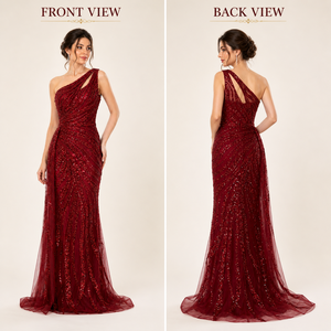 Luxury <b>Red</b> One Shoulder Mermaid Evening Gown | <b>Sequin</b> Embroidery Tulle Dress Elegant Women Party Wear | OEM Private Label India - Product Image 3
