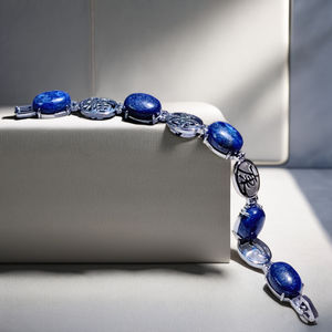 Joyería <span class=keywords><strong>de</strong></span> Moda Personalizada, Brazalete Chino Personalizado <span class=keywords><strong>de</strong></span> Plata <span class=keywords><strong>de</strong></span> Ley 925 con Lapislázuli Azul Ovalado, Grabado, Ajustable, con Piedras Preciosas, para Regalo - Product Image 3