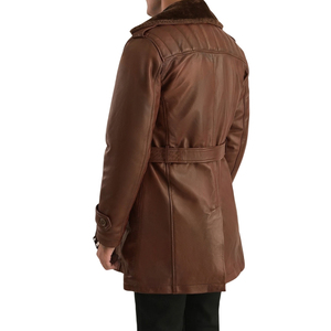 Chaqueta de Cuero Genuino Marrón para Hombre, Forrada con Piel Sintética, con Cinturón, Abrigo Largo de Invierno, Estilo Vintage - Product Image 4