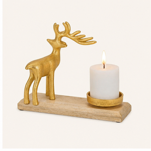 Porte-bougie en métal en forme de renne doré artisanal avec base en bois de manguier naturel, figurine de Noël élégante et vaisselle festive - Product Image 5