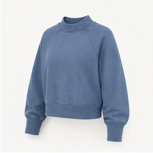 Sweat-shirt court pour femme bleu poussière personnalisé, col rond, manches ballon, ourlet côtelé, pull WSS-0045 - Product Image 3
