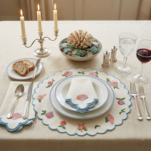 Custom Wholesale Embroidered Marine Round <b>Placemats</b> Napkins Sets Linen Scallop Border Mat Washable Reusable Mats Home Events - Product Image 3