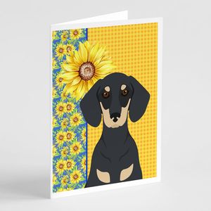 Summer Sunflowers and Whimsical Dachshund Tarjetas de felicitación Pack 8 Black Cream A7 Tamaño 5x7 Tarjetas de notas en blanco con sobres - Product Image 1
