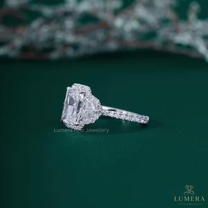 Luxury Radiant Cut Lab Grown Diamond Halo Engagement <b>Ring</b> 14K 18K White Gold Half <b>Moon</b> Three Stone Pave Anniversary Bridal <b>Ring</b> - Product Image 3