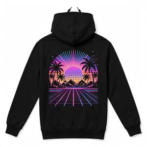 Sudadera con Capucha Personalizada con Estampado Gráfico de Palmeras al Atardecer, Estilo Vintage, Color Negro, Felpa, Algodón Grueso, Corte Holgado, 370g, para Hombre - Product Image 2
