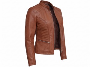 <b>Women's</b> Tan Genuine <b>Leather</b> Motorcycle <b>Jacket</b> Lace Up Back Stand Collar Quilted Shoulders <b>Moto</b> Biker Coat - Product Image 5