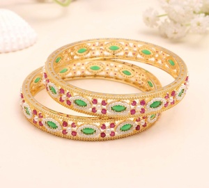 Handmade Ruby Emerald and Pearl Stone <b>Bangle</b> Gold Plated Traditional Indian Brass Kada Jewelry Factory Price - Product Image 1