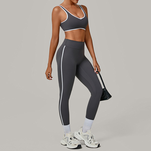 2026 Premium Women's Yoga Set High Waist Leggings Seamless 2 Piece Gray Spandex Polyester Workout Crop Top Full Length - Product Image 5