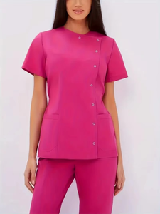 Ensemble d'uniformes médicaux tissés roses et bleus de haute qualité, écologiques, anti-aiguilles, coupe confortable, boutons-pression, poches, pour hôpital - Product Image 3