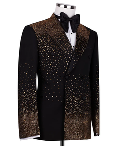 Men’s Black & Gold Rhinestone Embellished Tuxedo <b>Blazer</b> – Designer Shawl Lapel Wedding Party Suit Jacket - Product Image 2