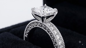Princess Cut Three Sided Pave Milgrain Rhodium IGI Certified <b>Vintage</b> 14K Yellow <b>Gold</b> Lab Grown Diamond Engagement <b>Ring</b> OEM - Product Image 2