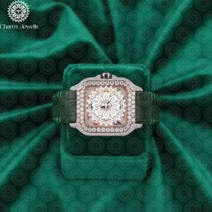 Charm_Jewells Luxury Women's Square <b>Mechanical</b> <b>Watch</b> Stainless Steel Case Diamond Encrusted Leather Band Analog Dial - Product Image 1