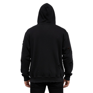 Sweat à capuche unisexe noir déchiré avec fermeture éclair, style vintage, en molleton délavé, streetwear, avec poches, 100 % coton - Product Image 6