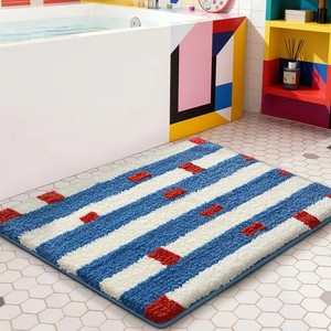 Tapis de bain en coton rayé rectangulaire bleu blanc rouge, tufté, antidérapant, avec dos en caoutchouc, lavable en machine, style moderne - Product Image 3