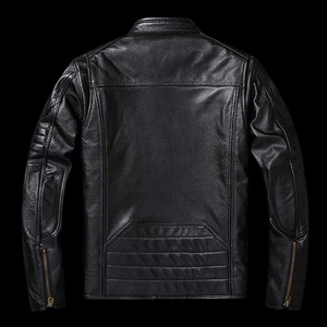 Men's Genuine Leather Moto <b>Jacket</b> Stand Collar Zipper Closure Solid Color Regular Sleeve Autumn Wear - Product Image 5