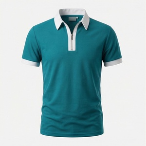 Polo à manches courtes pour homme, couleur turquoise, avec col zippé, design uni tricoté, coupe classique - Product Image 1