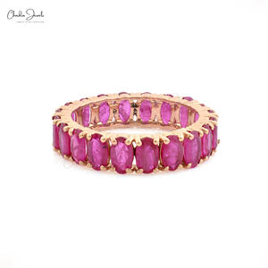 Bague de fiançailles en or rose 14 carats véritable avec pierre précieuse, sertie de griffes, rubis rouge ovale 5x3mm, bague éternité complète, bijoux fins pour femme - Product Image 4