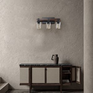 Lampada da Parete Rustica Moderna Stile Fattoria a 3 Luci, Applique Industriale per Bagno con Paralumi in Vetro e Legno - Product Image 6
