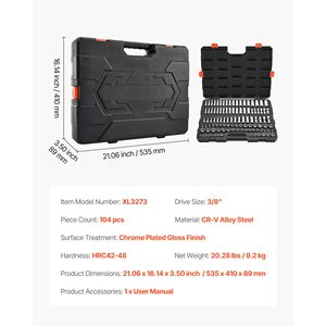 Set di Attrezzi Meccanici da 104 Pezzi con Attacco da 3/8 di Pollice, Set di Bussole Profonde e Standard Metriche da 6-24 mm, Inclusa Busola da 22mm - Product Image 5