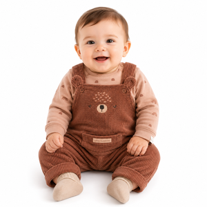Conjunto de overoles de pana unisex para bebé al por mayor, mono de manga larga con broche de botón y pantalones con pechera bordados de oso lindo para infantes - Product Image 1