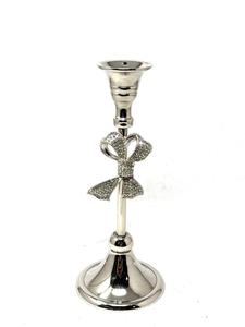 Elegant Silver Aluminum Candlestick <b>Holder</b> with Sparkling Crystal <b>Bow</b> Accent Modern Taper Candle Stand Wedding and Home Table De - Product Image 1