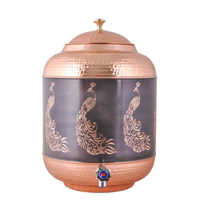 Distributeur d'eau artisanal 100% cuivre pur 5L avec support en fer et verre assorti décoratif imprimé émail floral ayurvédique - Product Image 2