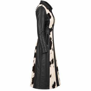 Longline <b>Black</b> White Cowhide <b>Fur</b> Leather Trench <b>Coat</b> Zipper Front Lapel <b>Womens</b> Custom Duster Outerwear Oem Factory - Product Image 3