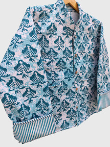 Veste en coton à col montant pour femmes grandes tailles, imprimé feuilles bleues, simple boutonnage, style bohème - Product Image 3
