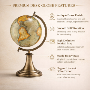 Globo Terráqueo de Escritorio Ejecutivo con Mapa del Mundo Detallado | Construcción de Hierro y Plástico |   Globo Terráqueo Educativo para Decoración de Escritorio de Oficina y Mesa de Estudio - Product Image 3