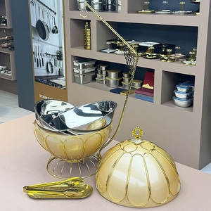 เครื่องอุ่นอาหารบุฟเฟ่ต์พรีเมียมสีทอง พร้อมฐานลายเรขาคณิตหกเหลี่ยมและฝาปิดทรงโค้ง - Product Image 4