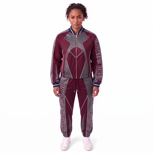 Ensemble de survêtement pour femme personnalisé, couleur bordeaux, avec empiècements gris, veste à col bomber, pantalon de sport, ensemble 2 pièces, vêtements de sport décontractés - Product Image 1