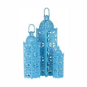 Lanterne en métal turquoise avec motif découpé pour la décoration de la maison, porte-bougie en acier durable - Product Image 4