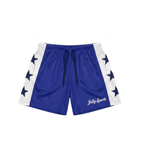 Shorts en maille polyester premium 150 GSM respirants, bleus et blancs avec panneaux étoilés, broderies personnalisées, shorts pour hommes - Product Image 1