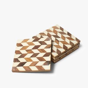 Wooden Square <b>Coasters</b> Set With Geometric Pattern Modern Design Non-Slip Mats For Table Decor - Product Image 1
