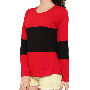 T-shirt à manches longues pour femme, col rond, tricoté, décontracté, coupe ample, anti-plis, 100% coton, color block rouge et noir, avec logo - Product Image 3